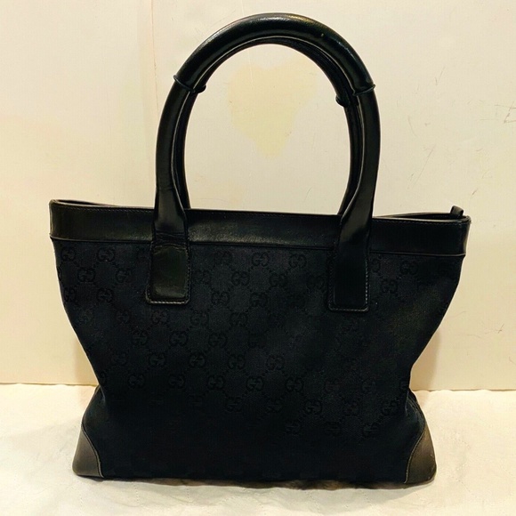 Authentic GUCCI Black GG Nylon Monogram Leather Abbey Medium Tote Bag